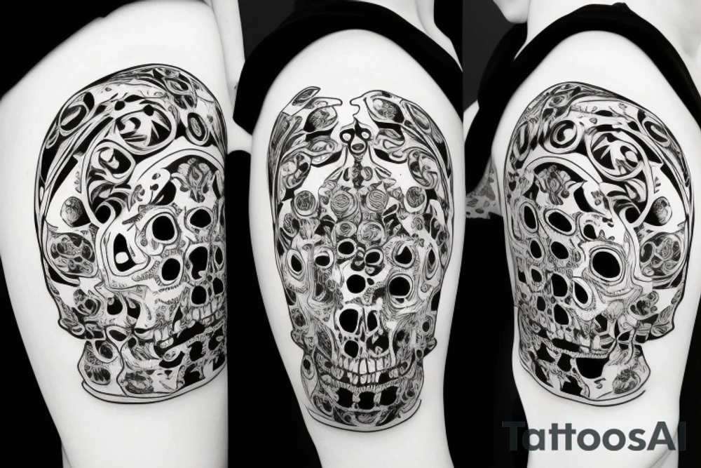 Hourglass made of skulls on a black and white spiral with text momento mori tattoo idea