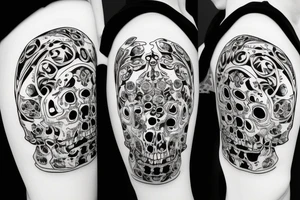 Hourglass made of skulls on a black and white spiral with text momento mori tattoo idea