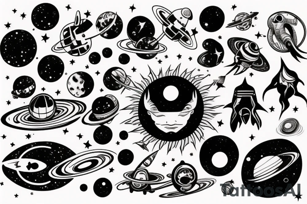 Space black hole blackhole stars interstellar planets detailed colorful sci-fi tattoo idea