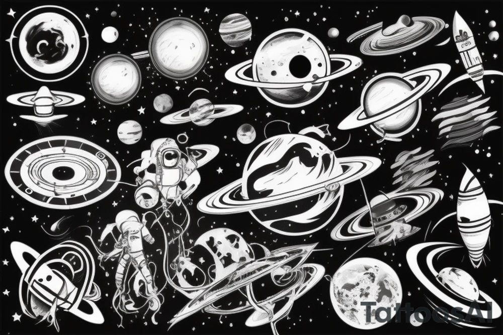 Space black hole blackhole stars interstellar planets detailed colorful sci-fi tattoo idea