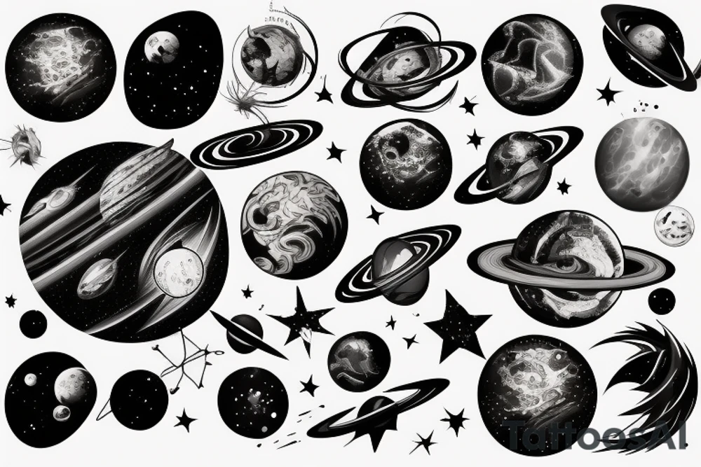 Space black hole blackhole stars interstellar planets detailed colorful sci-fi tattoo idea