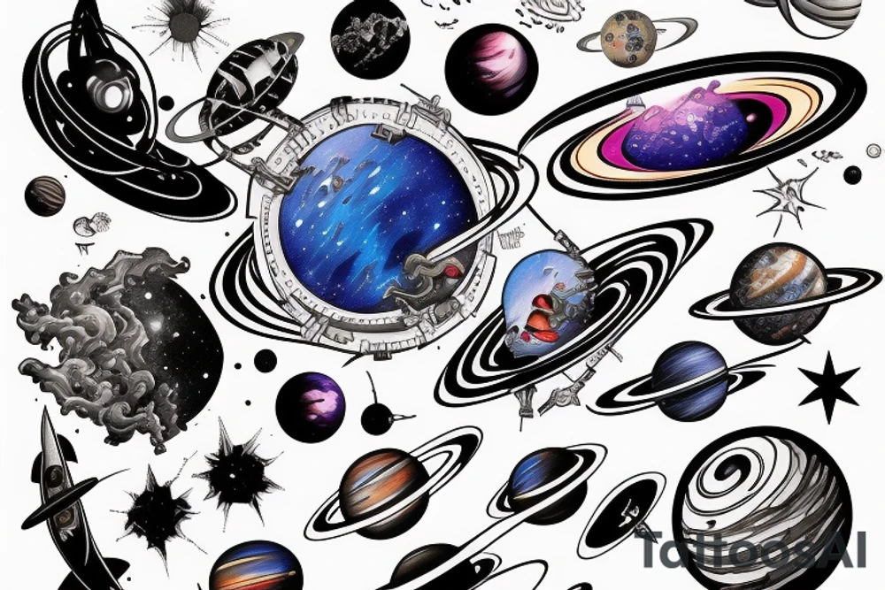 Space  blackhole stars interstellar planets detailed colorful sci-fi tattoo idea