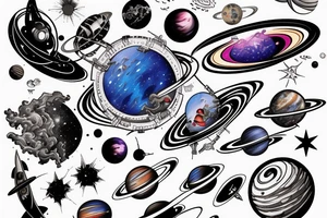 Space  blackhole stars interstellar planets detailed colorful sci-fi tattoo idea