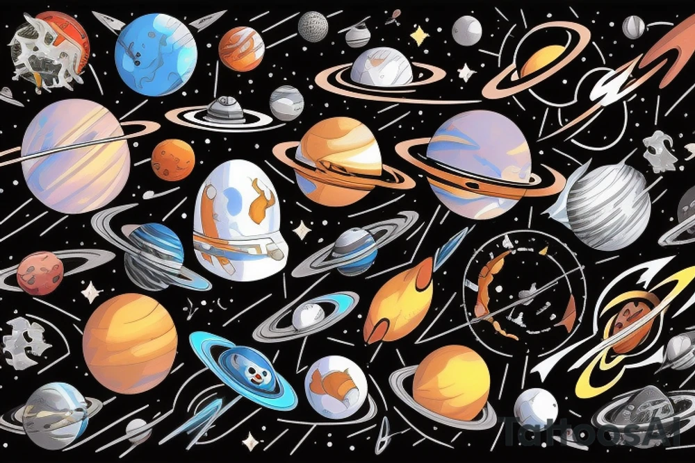 Space  blackhole stars interstellar planets detailed colorful sci-fi tattoo idea