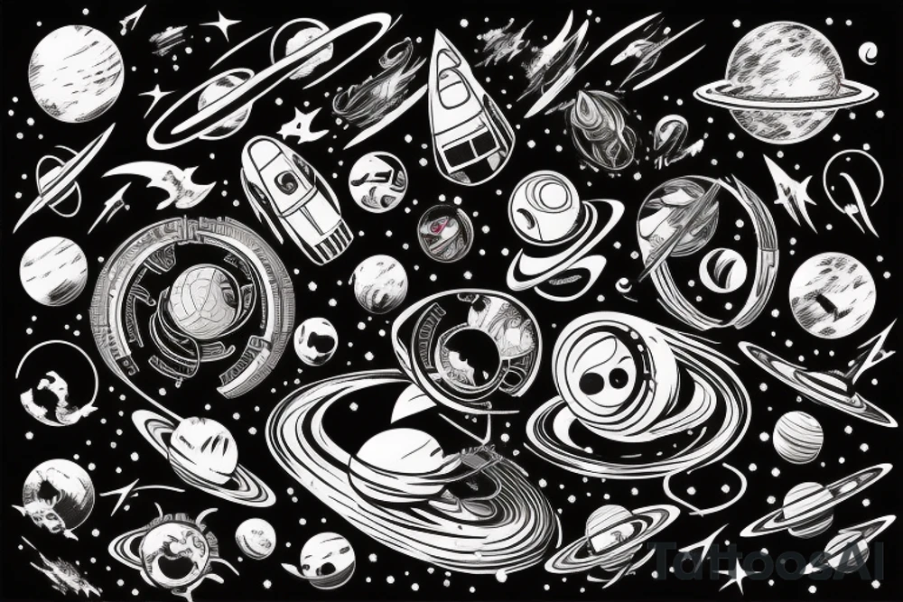 Space  blackhole stars interstellar planets detailed colorful sci-fi tattoo idea
