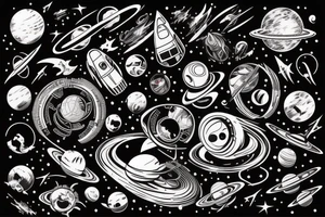 Space  blackhole stars interstellar planets detailed colorful sci-fi tattoo idea