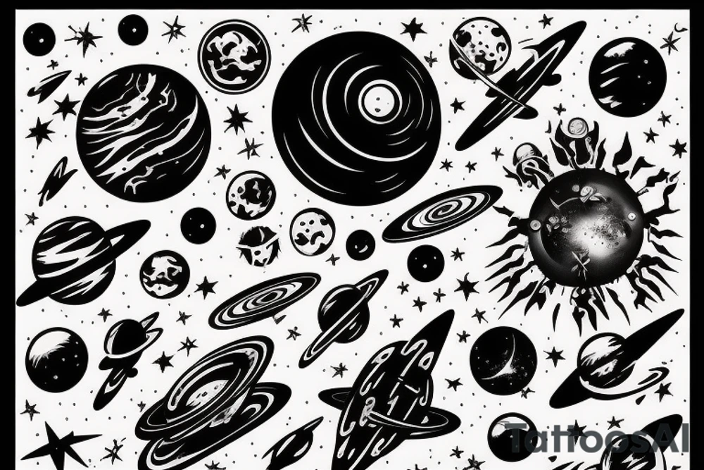 Space blackhole stars interstellar planets detailed colorful sci-fi tattoo idea