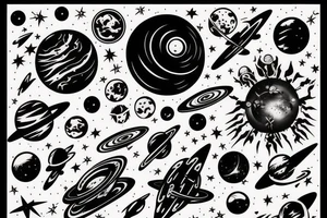 Space  blackhole stars interstellar planets detailed colorful sci-fi tattoo idea