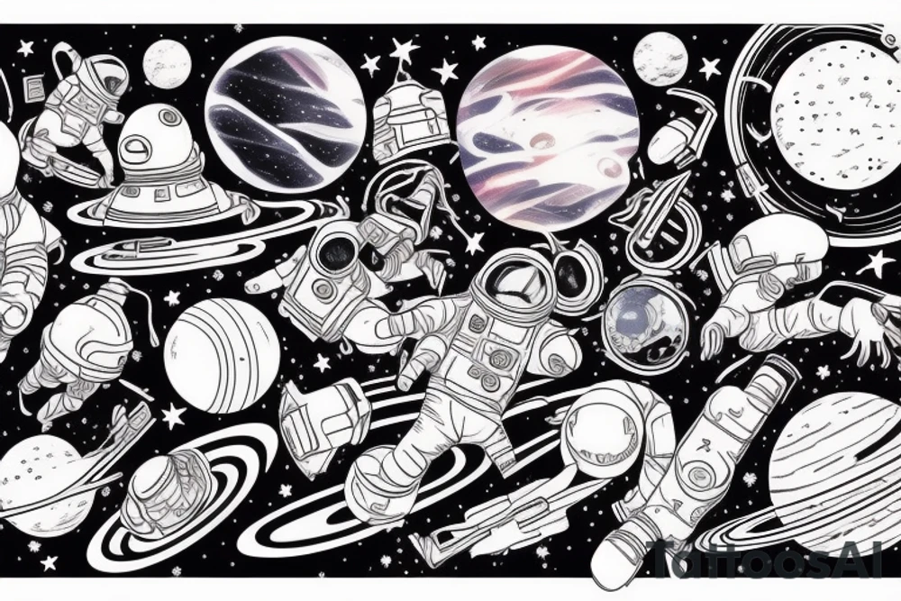 Space  blackhole stars interstellar planets detailed colorful sci-fi tattoo idea