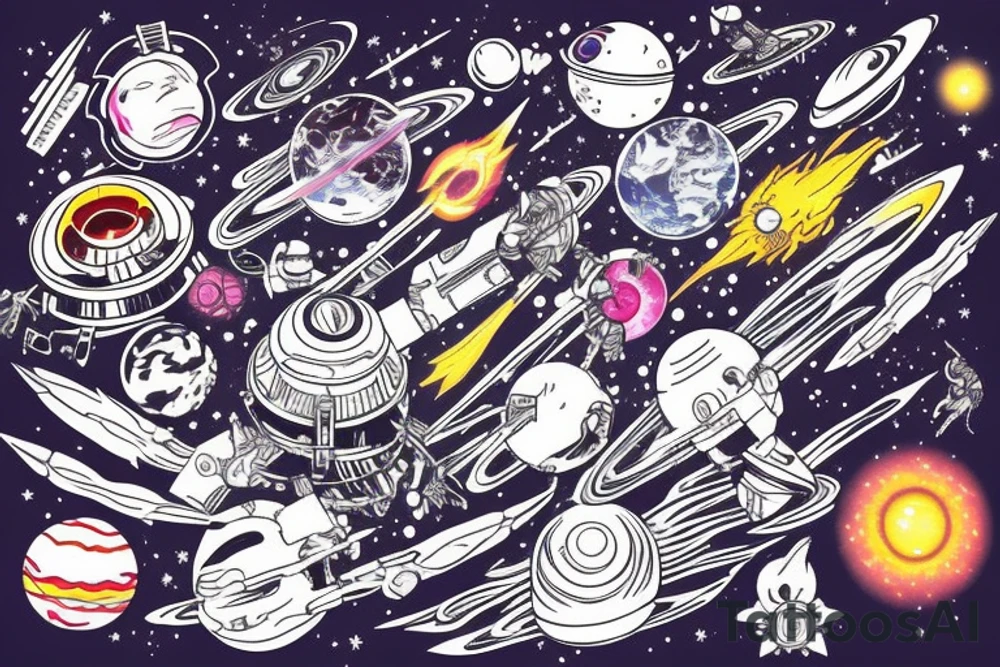 Space  blackhole stars interstellar planets detailed colorful sci-fi tattoo idea