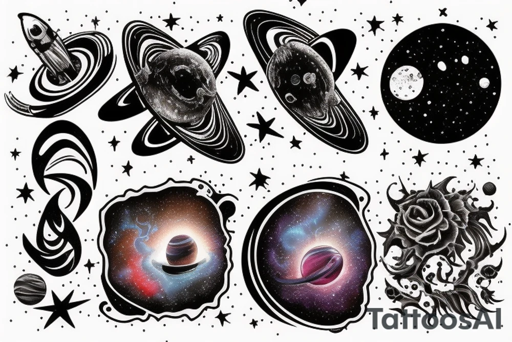 Space  blackhole stars interstellar planets detailed colorful fantasy unreal tattoo idea