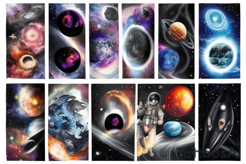 Space  blackhole stars interstellar planets detailed colorful fantasy unreal tattoo idea