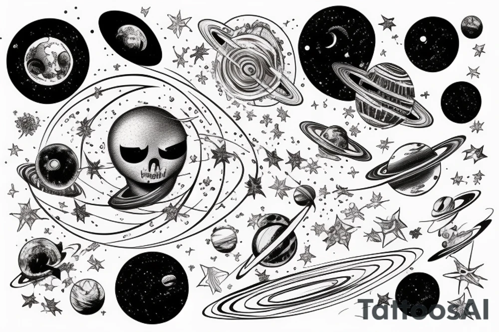Space  blackhole stars interstellar planets detailed colorful fantasy unreal tattoo idea