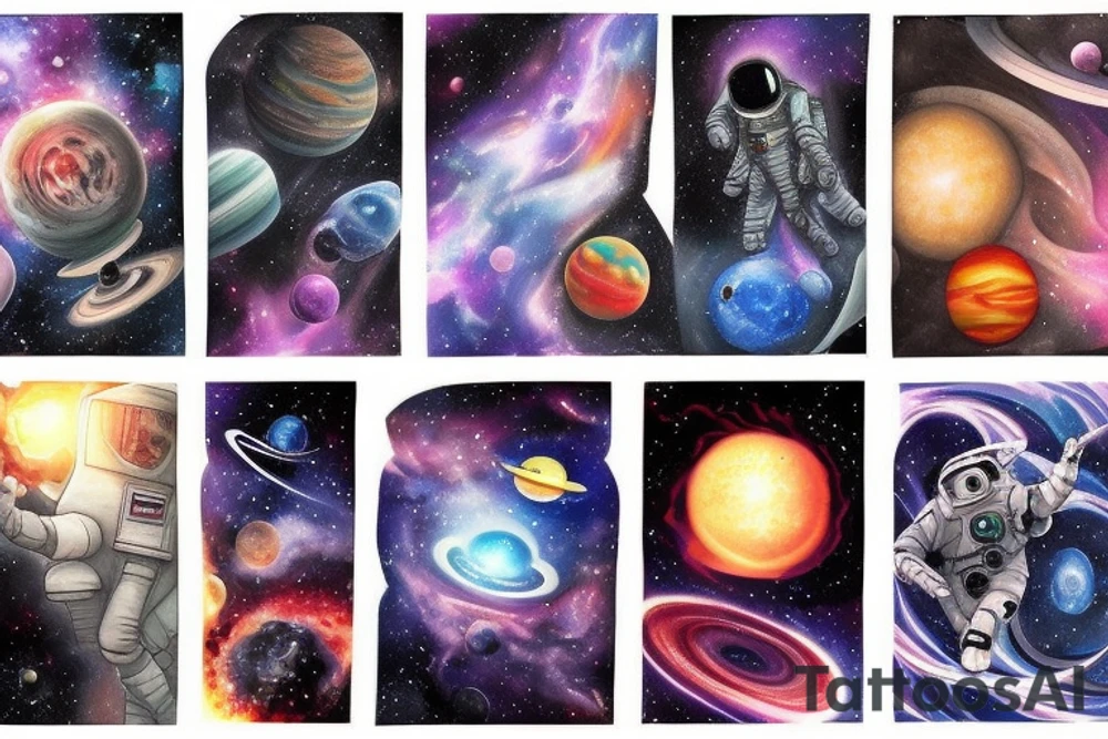Space  blackhole stars interstellar planets detailed colorful fantasy unreal tattoo idea