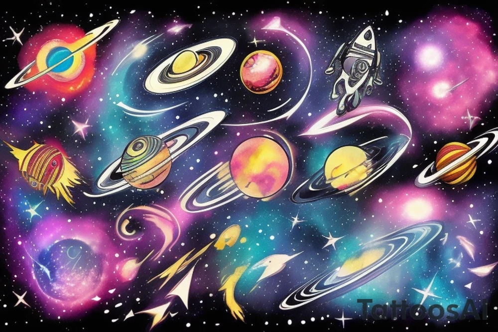 Space  blackhole stars interstellar planets detailed colorful fantasy magical quasar tattoo idea