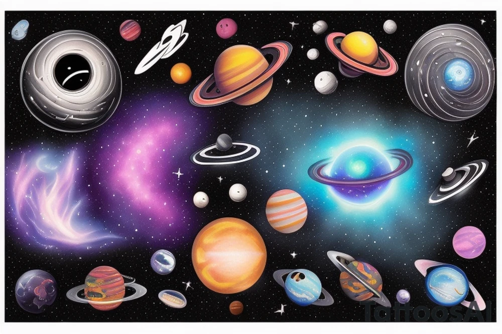 Space  blackhole stars interstellar planets detailed colorful fantasy magical quasar tattoo idea