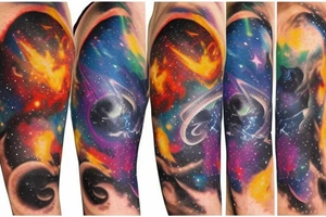Space  blackhole stars interstellar planets detailed colorful fantasy magical quasar halfsleeve tattoo idea