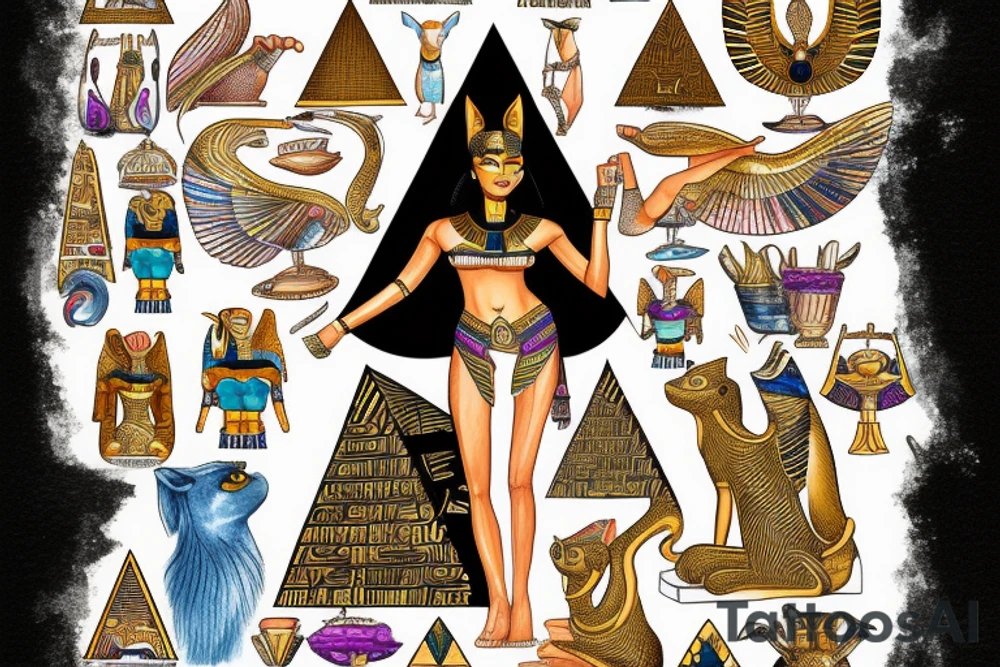 The Egyptian goddess bastet standing in front of a pyramid tattoo idea