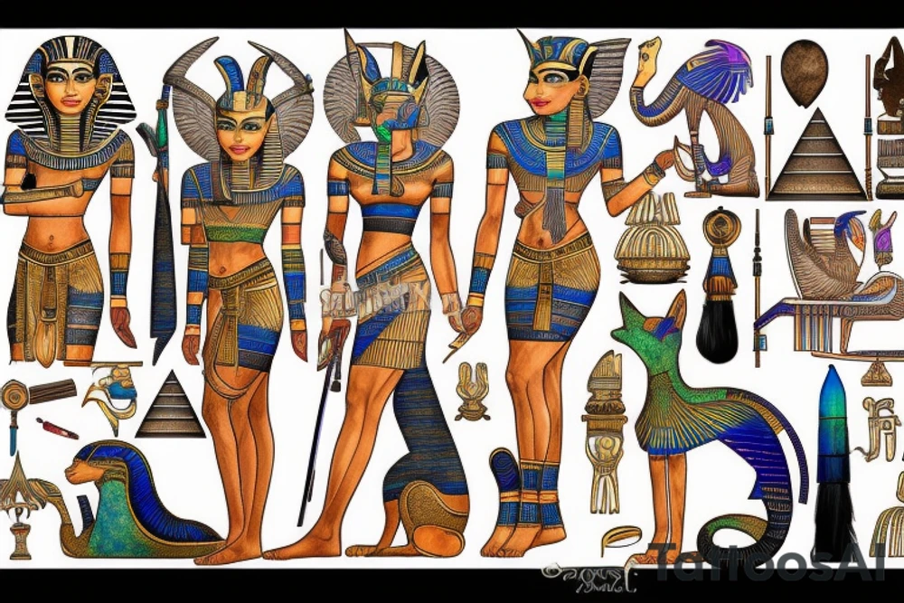The Egyptian goddess bastet standing in front of a pyramid tattoo idea