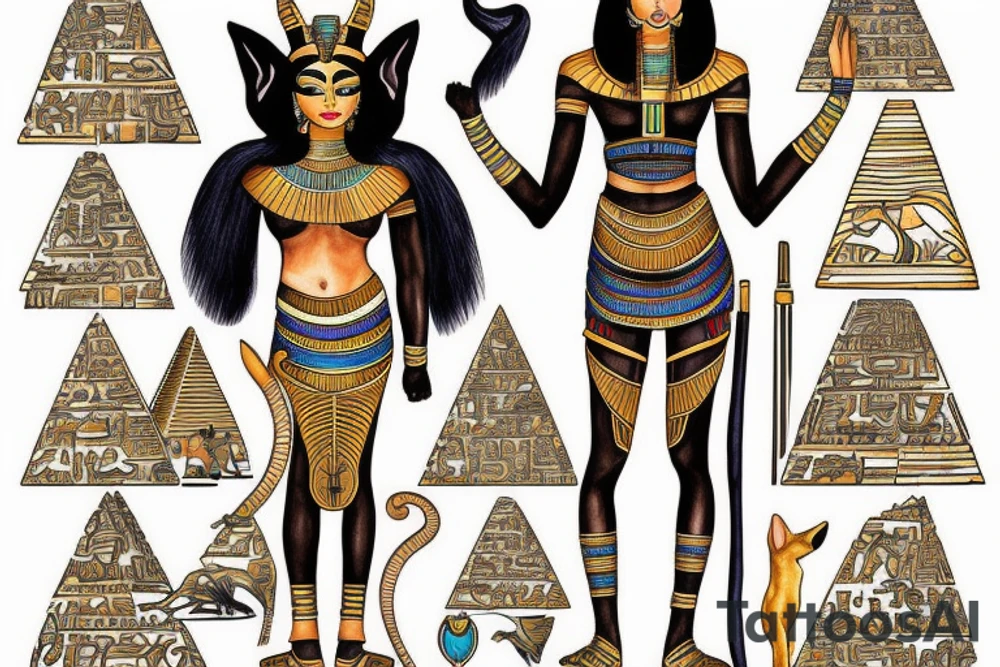 The Egyptian goddess bastet standing in front of a pyramid tattoo idea