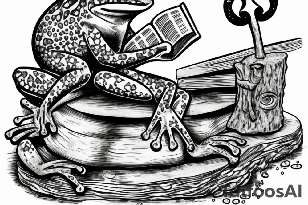 Frog sitting on a stump reading a bible tattoo idea