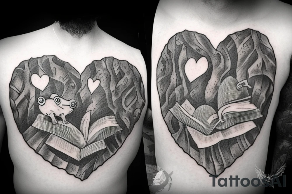 Frog reading a bible while sitting on a stump with a heart engraved on the stump. tattoo idea