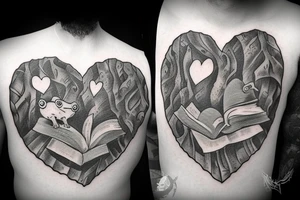 Frog reading a bible while sitting on a stump with a heart engraved on the stump. tattoo idea