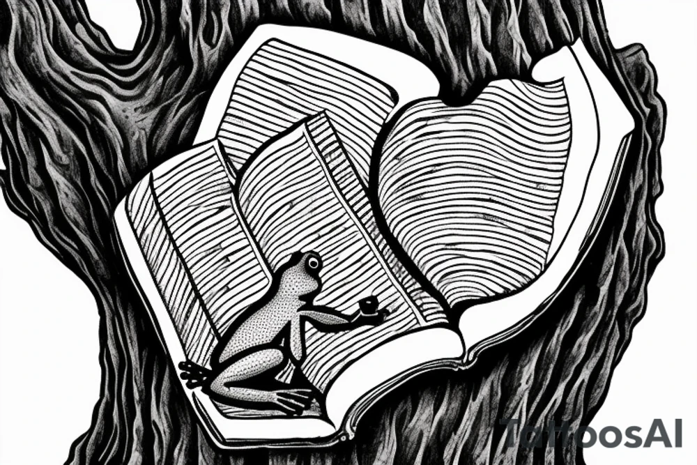 Frog reading a bible while sitting on a stump with a heart engraved on the stump. tattoo idea