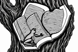 Frog reading a bible while sitting on a stump with a heart engraved on the stump. tattoo idea