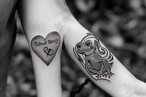 Frog reading a bible while sitting on a stump with a heart engraved on the stump. tattoo idea