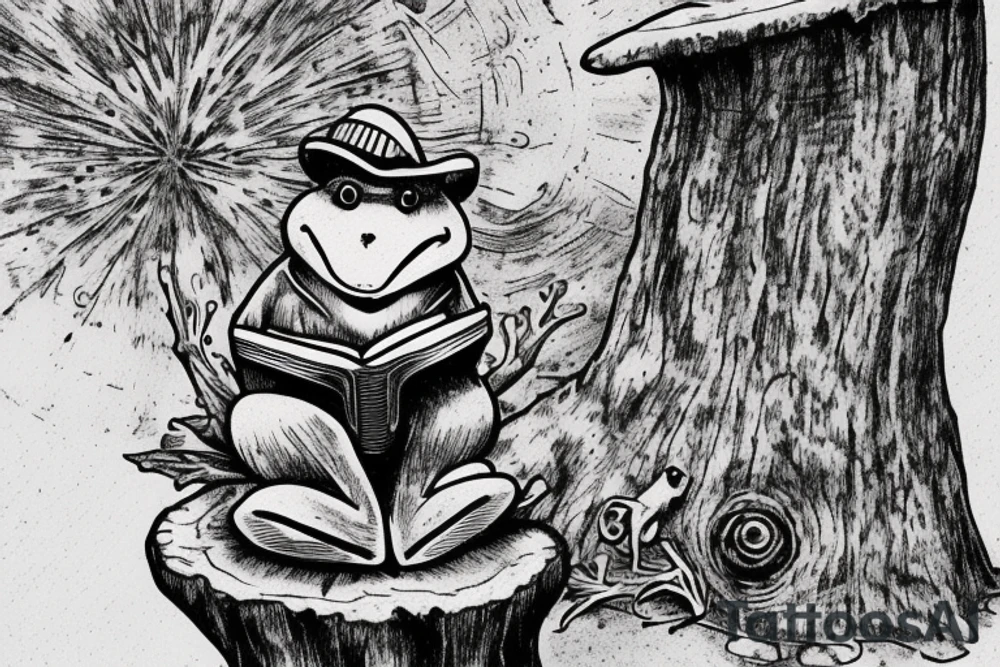 Frog reading a bible while sitting on a stump with a heart engraved on the stump. tattoo idea