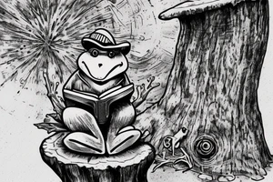 Frog reading a bible while sitting on a stump with a heart engraved on the stump. tattoo idea