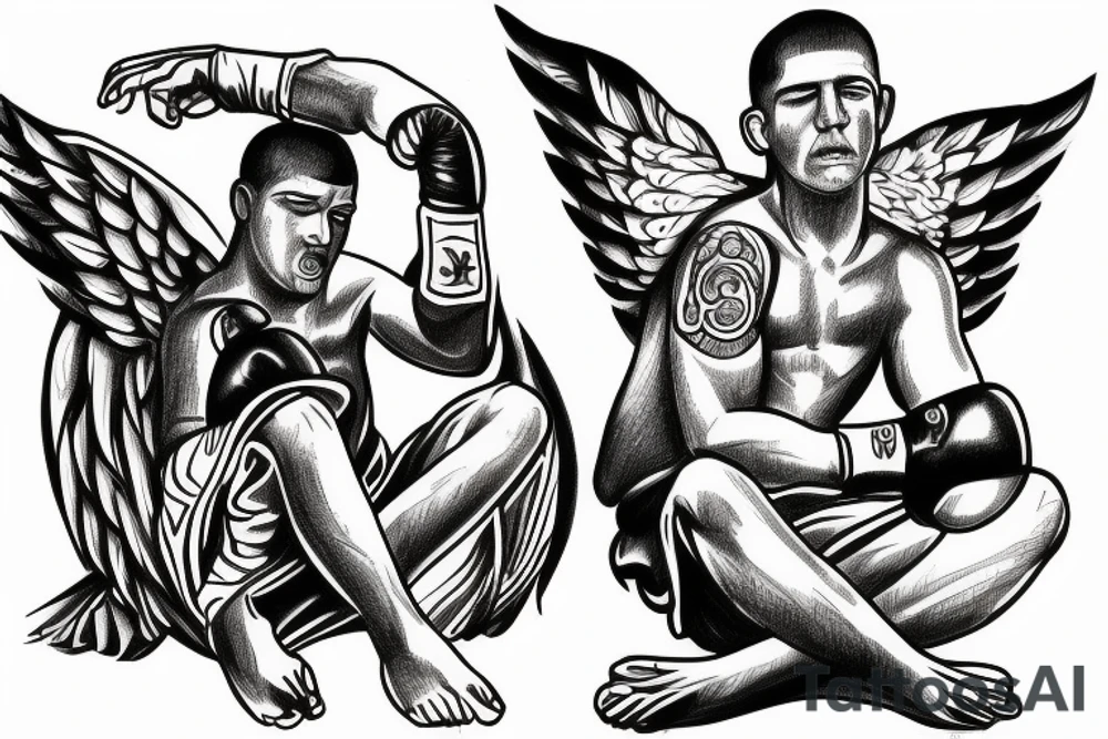 guardian angel, sitting down, beaten up in boxing ring tattoo idea