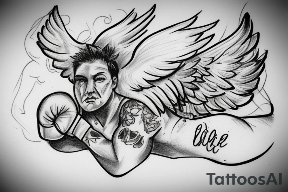guardian angel, sitting down, beaten up in boxing ring tattoo idea