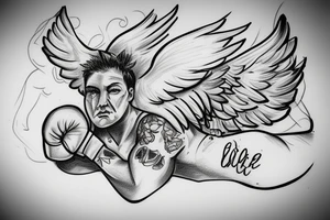 guardian angel, sitting down, beaten up in boxing ring tattoo idea