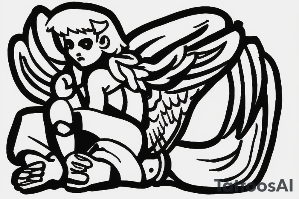 guardian baby angel, sitting down, beaten up in boxing ring tattoo idea