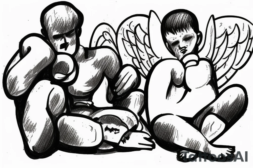 guardian baby angel, sitting down, beaten up in boxing ring tattoo idea