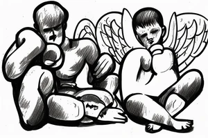guardian baby angel, sitting down, beaten up in boxing ring tattoo idea