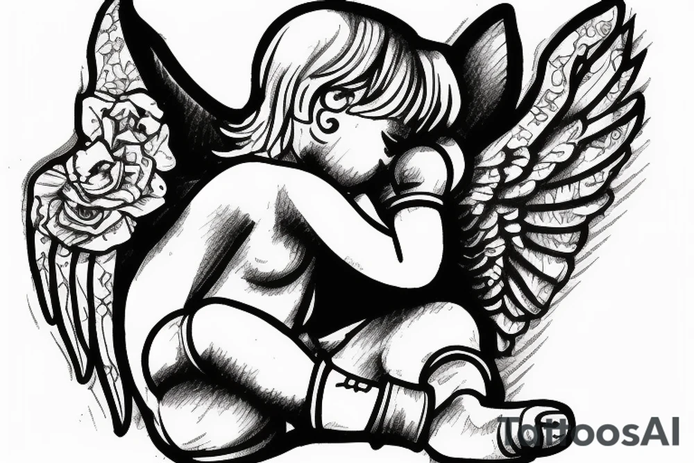 guardian baby angel, sitting down in corner of boxing ring beaten up tattoo idea
