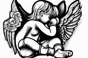 guardian baby angel, sitting down in corner of boxing ring beaten up tattoo idea
