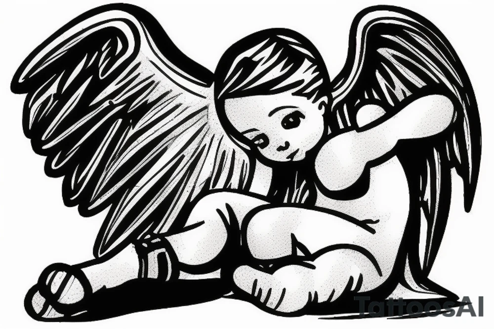 guardian baby angel, sitting down in corner of boxing ring beaten up tattoo idea