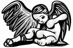 guardian baby angel, sitting down in corner of boxing ring beaten up tattoo idea