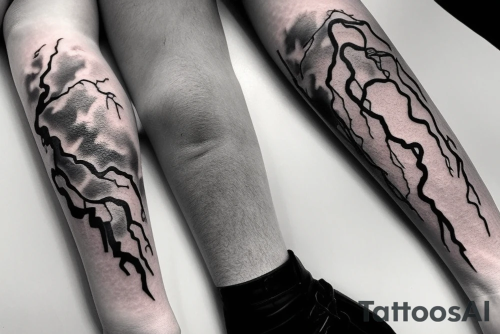 Arm sleeve tattoo of a thunderstorm lightning bolt striking the earth. tattoo idea