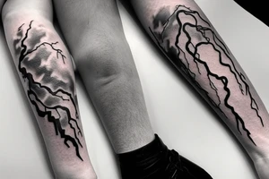 Arm sleeve tattoo of a thunderstorm lightning bolt striking the earth. tattoo idea