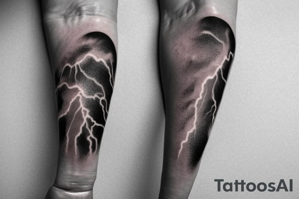 Arm sleeve tattoo of a thunderstorm lightning bolt striking the earth. tattoo idea