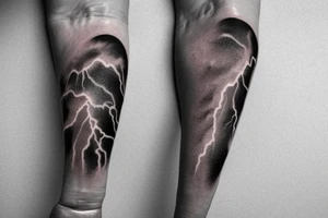Arm sleeve tattoo of a thunderstorm lightning bolt striking the earth. tattoo idea