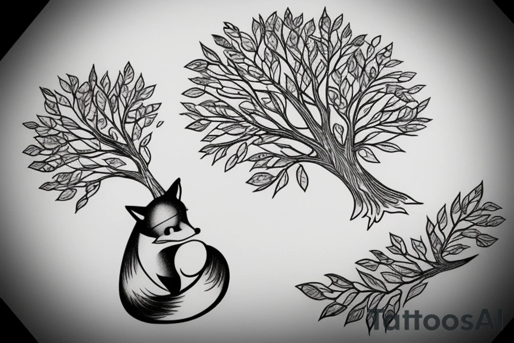 A fox sitting under a tree with falling leaves tattoo idea