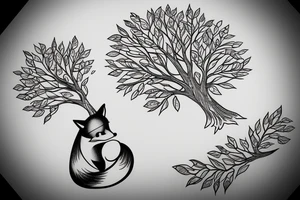 A fox sitting under a tree with falling leaves tattoo idea