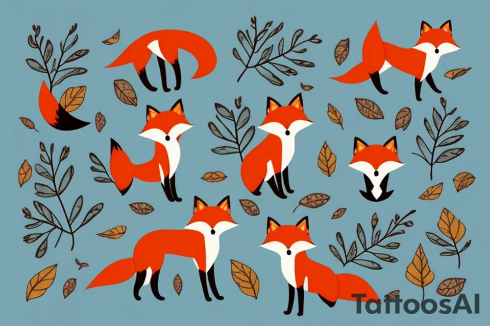 A fox sitting under a tree with falling leaves tattoo idea