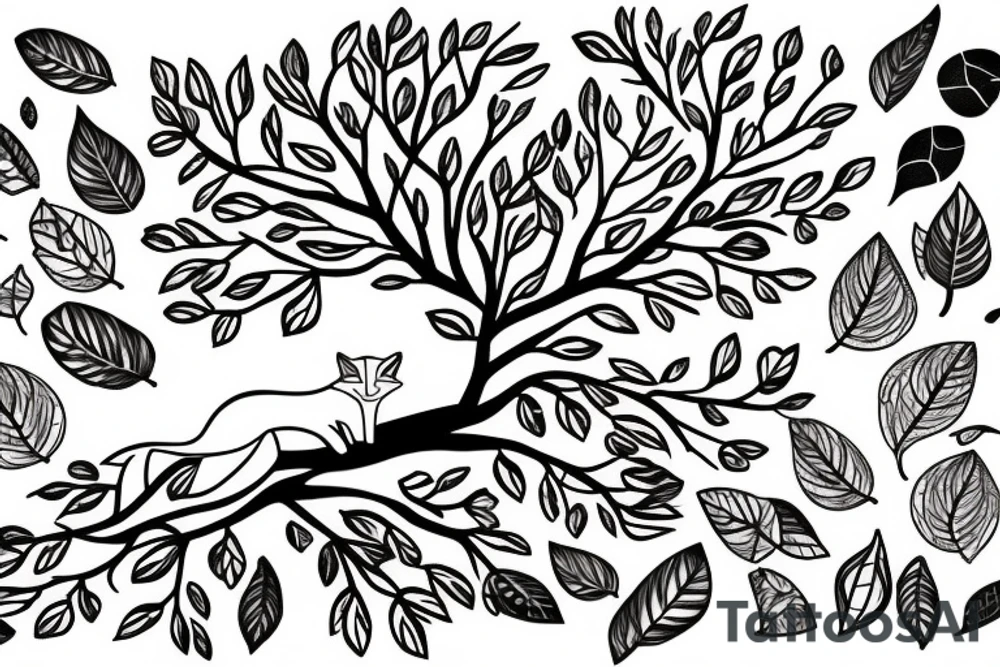 A fox sitting under a tree with falling leaves tattoo idea